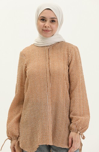 Gingham Print Asymmetric Tunic 15061-01 Tan 15061-01