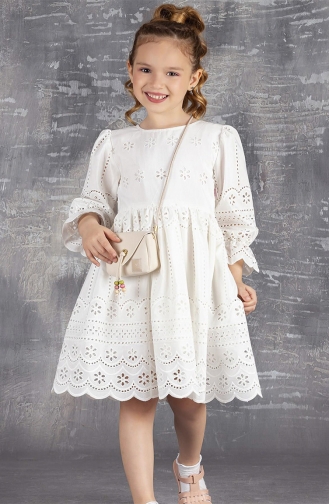 Fisto Kumaş Çantalı Kız Çocuk Elbise TVD2289FS-01 Beyaz
