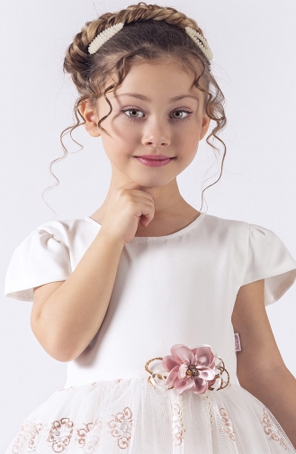 İşlemeli Dantel Etekli Kız Çocuk Elbisesi TVD2391DNTL-01 Beyaz