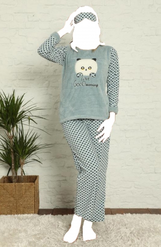 Kadın Baskılı Polar Peluş Pijama Takımı 2190 2190-04 Su Yeşili
