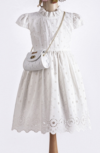 Kısa Kollu Fisto Kumaş Çantalı Kız Çocuk Elbisesi VD2394FSTO-02 Beyaz