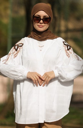 Omzu Ve Arkası Nakış İşlemeli Kimono Beyaz