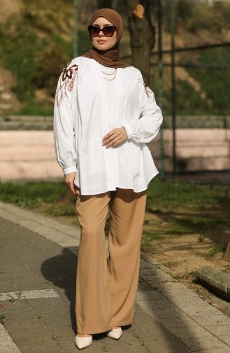 Omzu Ve Arkası Nakış İşlemeli Kimono Beyaz