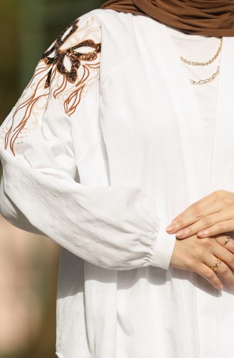 Omzu Ve Arkası Nakış İşlemeli Kimono Beyaz
