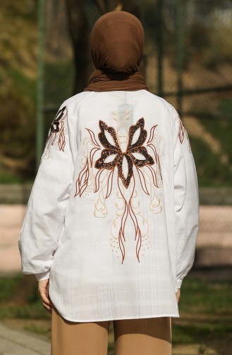Omzu Ve Arkası Nakış İşlemeli Kimono Beyaz