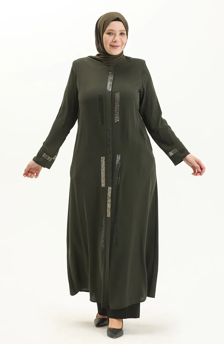 Übergrößen Stein bedruckte Abaya 5044-06 Khaki Grün 5044-06
