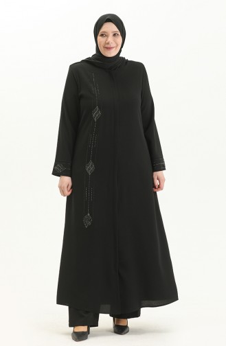 Plus Size Stone Printed Abaya 5048-01 Black 5048-01