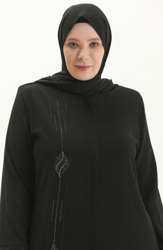 Plus Size Stone Printed Abaya 5048-01 Black 5048-01