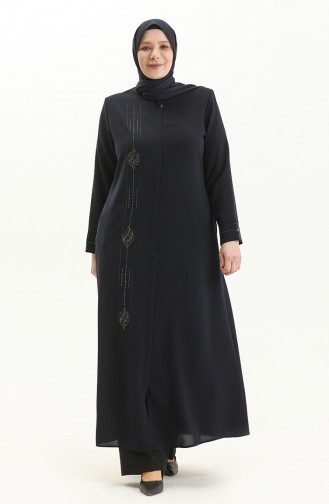 Abaya en Pierre de Grande Taille 5048-02 Bleu Marine 5048-02