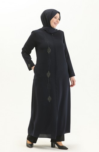 Plus Size Stone Printed Abaya 5048-02 Navy Blue 5048-02