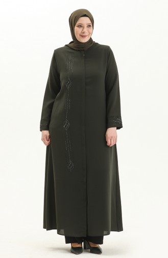 Plus Size Stone Printed Abaya 5048-03 Khaki 5048-03