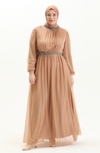 Belted Silvery Evening Dress 5501-29 Milk Coffee 5501-29