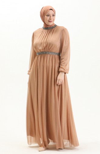 Belted Silvery Evening Dress 5501-29 Milk Coffee 5501-29