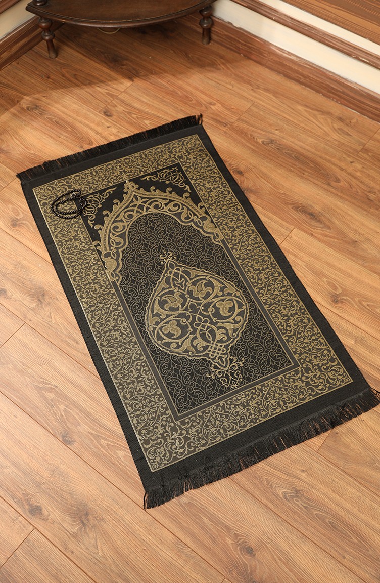 Tapis de Prière Ottoman avec Cadeau de Chapelet 0153-04 Noir 0153