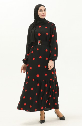 Belted Printed Dress 2446-05 Black Red 2446-05