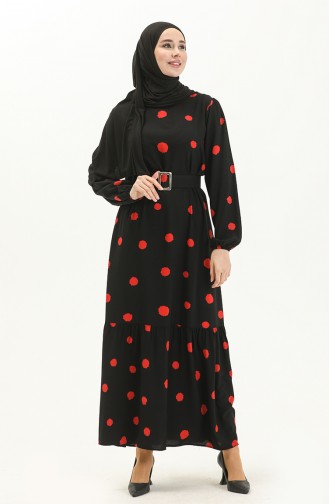 Belted Printed Dress 2446-05 Black Red 2446-05