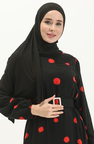 Gemustertes Kleid mit Gürtel 2446-05 Schwarz Rot 2446-05