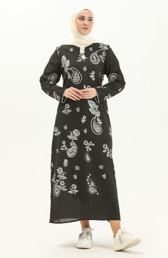 Şile Bezi Desenli Elbise 00011-01 Siyah