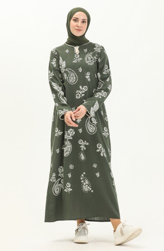 Şile Fabric Printed Dress 00011-02 Khaki Green 00011-02