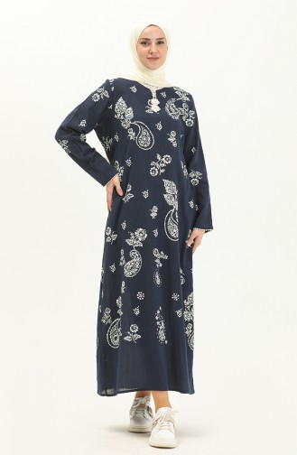 Şile Fabric Printed Dress 00011-03 Navy Blue 00011-03