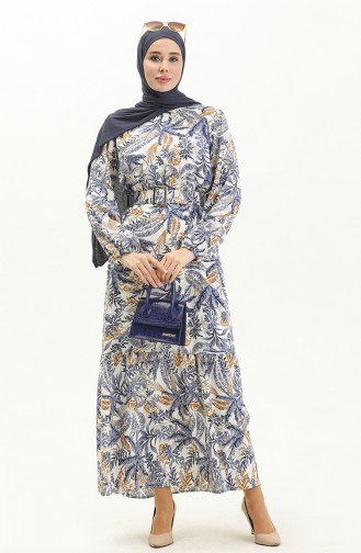 Desenli Kemerli Elbise 2443-03 Lacivert
