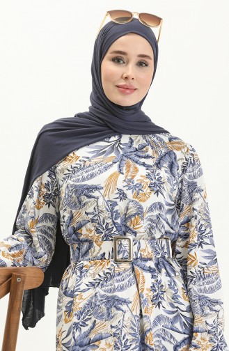 Desenli Kemerli Elbise 2443-03 Lacivert