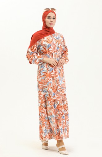 Desenli Kemerli Elbise 2443-04 Oranj
