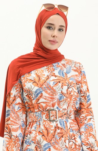 Desenli Kemerli Elbise 2443-04 Oranj