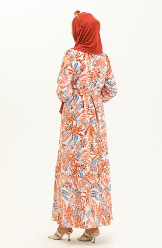 Desenli Kemerli Elbise 2443-04 Oranj