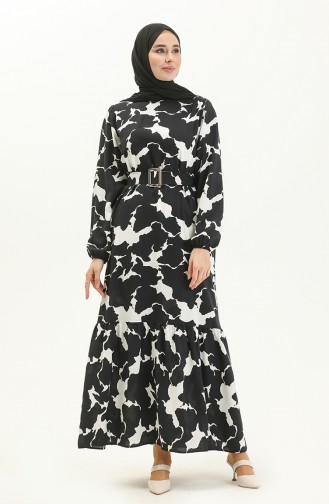 Gemustertes Kleid mit Gürtel 2445-04 Schwarz Weiß 2445-04