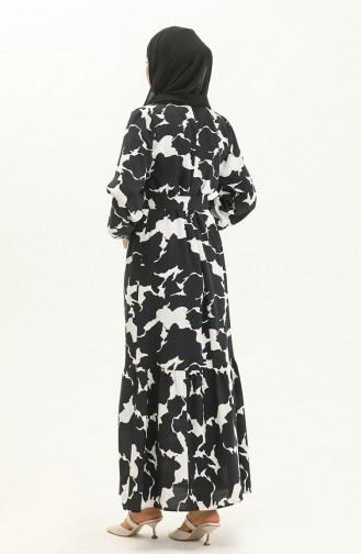 Gemustertes Kleid mit Gürtel 2445-04 Schwarz Weiß 2445-04