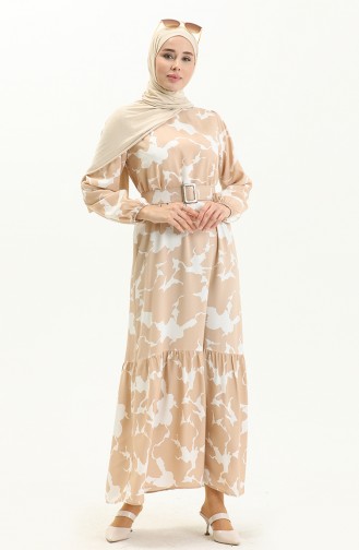 Belted Printed Dress 2445-07 Beige 2445-07