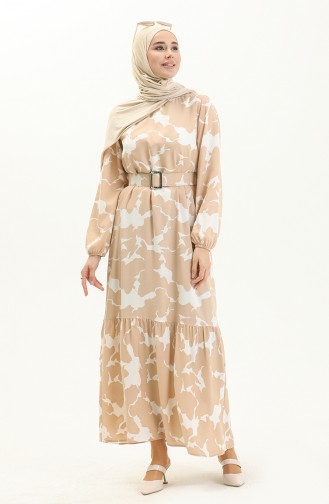 Belted Printed Dress 2445-07 Beige 2445-07