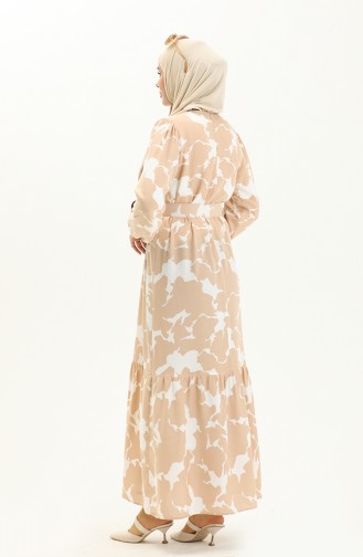 Belted Printed Dress 2445-07 Beige 2445-07