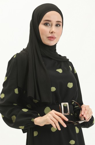 فستان منقوش بحزام 2446-03 أسود أخضر عسكري 2446-03