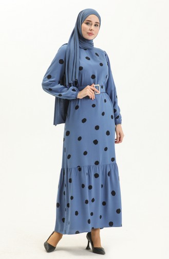 Gemustertes Kleid mit Gürtel 2446-07 Indigo 2446-07