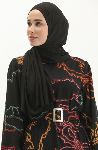 Desenli Kemerli Elbise 2447-02 Siyah Oranj