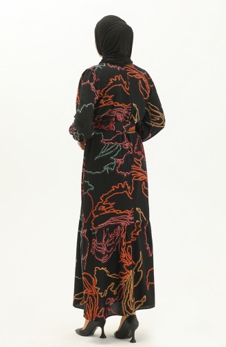 Desenli Kemerli Elbise 2447-02 Siyah Oranj