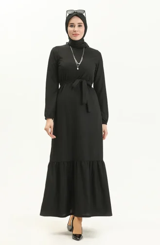 Gerafftes Kleid mit Gürtel und Halskette 1784-01 Schwarz 1784-01