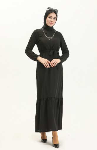 Gerafftes Kleid mit Gürtel und Halskette 1784-01 Schwarz 1784-01