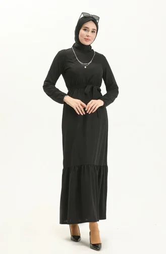 Gerafftes Kleid mit Gürtel und Halskette 1784-01 Schwarz 1784-01