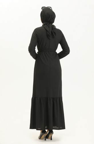 Gerafftes Kleid mit Gürtel und Halskette 1784-01 Schwarz 1784-01