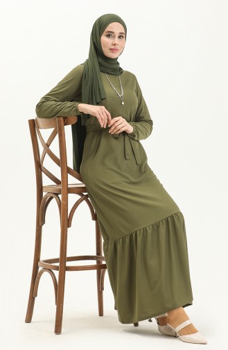 Gerafftes Kleid mit Gürtel und Halskette 1784-04 Khaki 1784-04