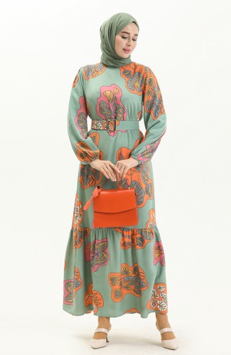 Belted Printed Dress 2448-02 Green Orange 2448-02