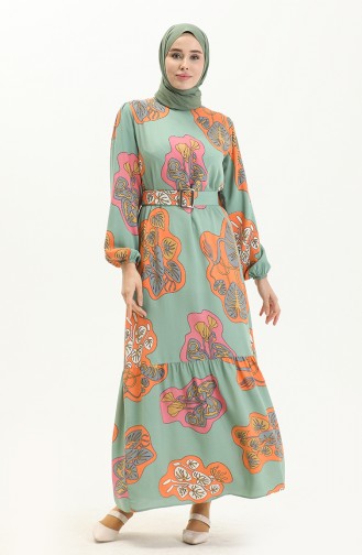 Belted Printed Dress 2448-02 Green Orange 2448-02
