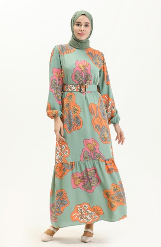 Gemustertes Kleid mit Gürtel 2448-02 Grün Orange 2448-02