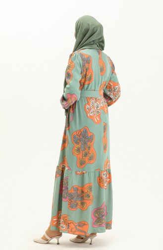 Belted Printed Dress 2448-02 Green Orange 2448-02