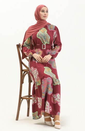 Gemustertes Kleid mit Gürtel 2448-04 Zwetschge Rose 2448-04