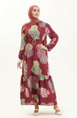 Gemustertes Kleid mit Gürtel 2448-04 Zwetschge Rose 2448-04