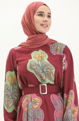 Gemustertes Kleid mit Gürtel 2448-04 Zwetschge Rose 2448-04